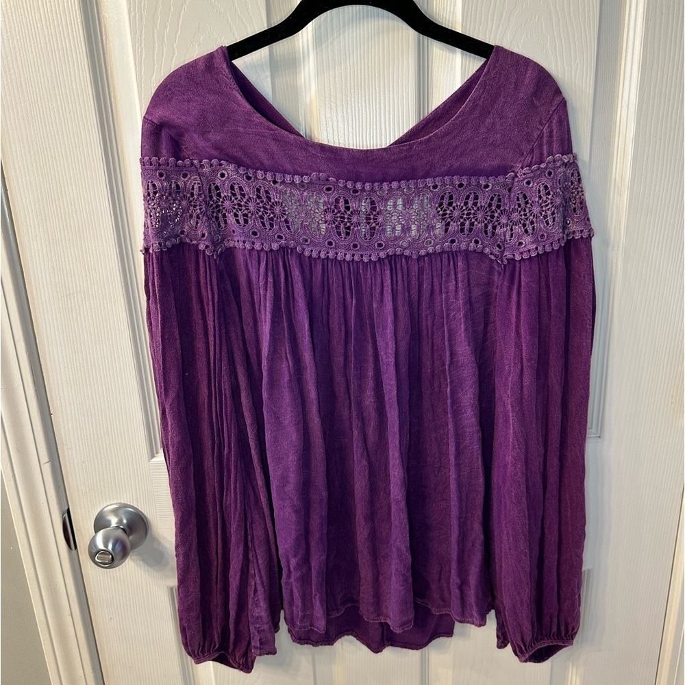 Women's Altar'd State Purple Blouse with lace‎ detailing and tie back size Med